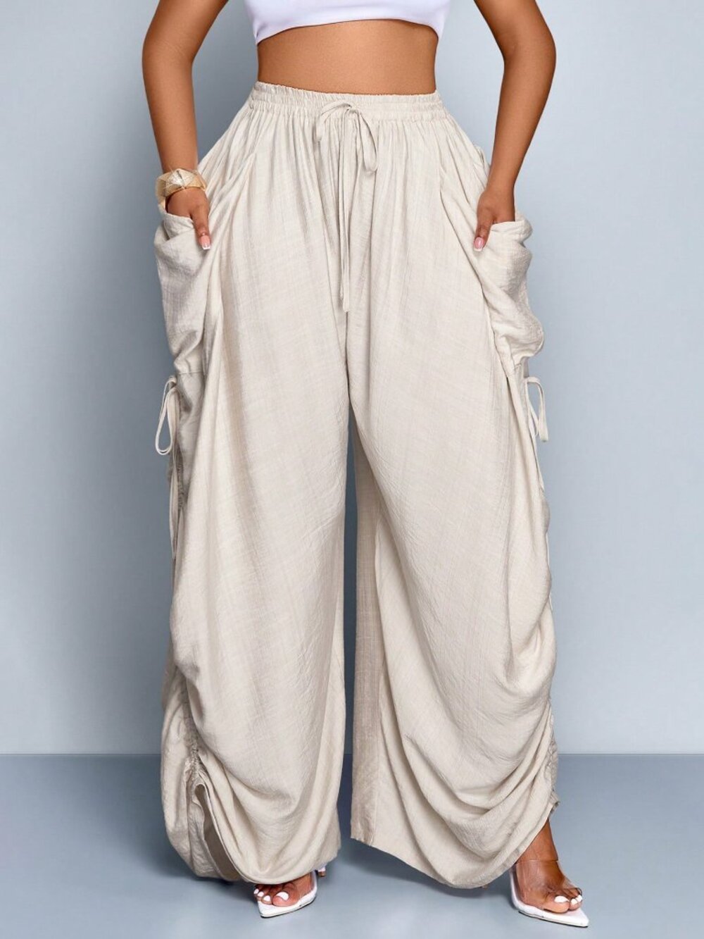 Apricot Casual Women's Vacation Drawstring Pants with Elastic Waist - Picture 5 of 5